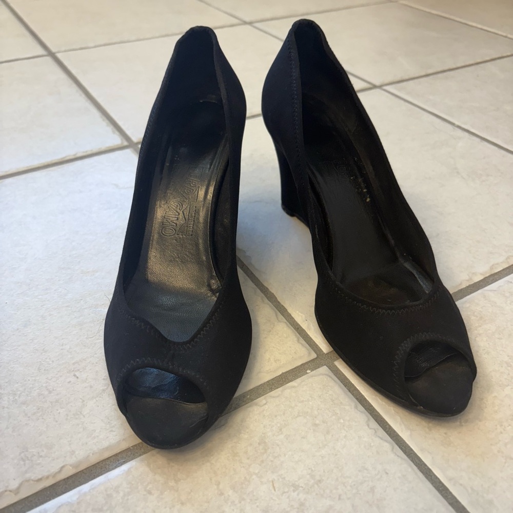 Ferragamo Black Peep-Toe Heels